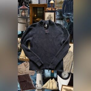 L.L. Bean 100% cotton Fisherman Style Navy Blue Sweater with Button Collar (M)